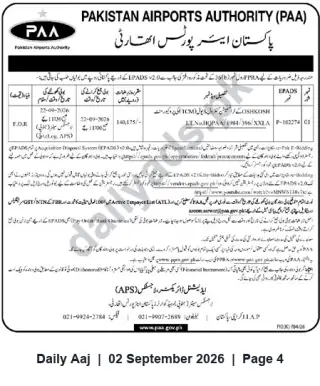 Newspaper clipping: Pakistan Airports Authority (PAA) Invites e-Bids via EPADS v2.0 for Listed Procurement/Disposal, Daily Aaj, 02 Sep 2026