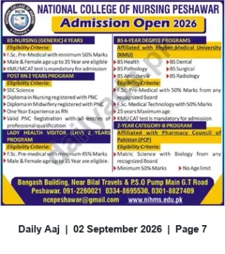 Newspaper clipping: Admissions 2026 — National College of Nursing Peshawar — BS Nursing, Post-RN & LHV Programs, Daily Aaj, 02 Sep 2026