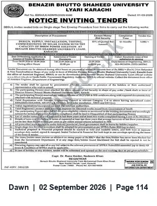 Newspaper clipping: Tender: Solar System Design, Supply & Installation at Benazir Bhutto Shaheed University, Karachi, Dawn, 02 Sep 2026