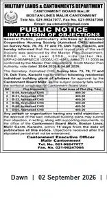Newspaper clipping: Invitation of Objections — Revised Layout (Cantonment Board Malir), Dawn, 02 Sep 2026