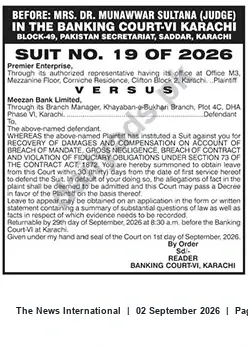 Newspaper clipping: Banking Court-VI Karachi: Suit No. 19/2026 — Premier Enterprise v. Meezan Bank Limited (Summons), The News International, 02 Sep 2026