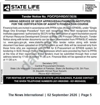 Newspaper clipping: State Life Tender: SECP-Approved Institutes for Agent Foundation Course Certification (PO/CPD/HRD/37/2026), The News International, 02 Sep 2026