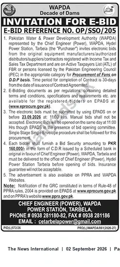 Newspaper clipping: WAPDA E-Bid OP/SSO/205 — Procurement of Fans for Tarbela Hydel Power Station, The News International, 02 Sep 2026