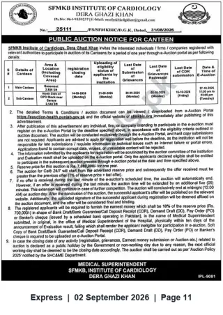 Newspaper clipping: SFMKB Institute of Cardiology Dera Ghazi Khan — Public E‑Auction for Main & Sub Canteens, Express, 02 Sep 2026