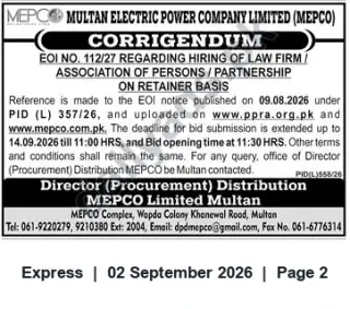 Newspaper clipping: MEPCO Corrigendum: EOI No. 112/27 for Hiring Law Firm on Retainer — Deadline Extended to 14 Sep 2026, Express, 02 Sep 2026