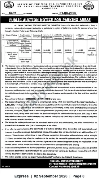 Newspaper clipping: Public Auction: Parking Areas at Dr. Faisal Masood Teaching Hospital & Moula Baksh Hospital, Sargodha, Express, 02 Sep 2026