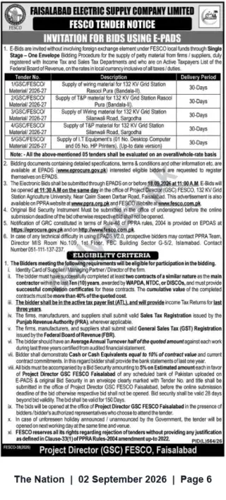 Newspaper clipping: FESCO Tender: Supply of Wiring, T&P Material and IT Equipment – E‑Bids by 2026-09-18 (Faisalabad), The Nation, 02 Sep 2026