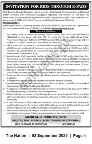 Newspaper clipping: Tender: Fair Price Pharmacy Services — DHQ Teaching Hospital KDA Kohat (E-PADS), The Nation, 02 Sep 2026