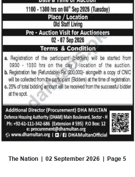 Newspaper clipping: DHA Multan Auction — Old Staff Living (08 Sep 2026), The Nation, 02 Sep 2026