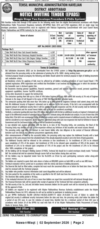 Newspaper clipping: TMA Havelian Tender Notice — Four Tube Well Schemes (ADP No.240245), Nawa-i-Waqt, 02 Sep 2026