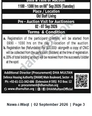Newspaper clipping: DHA Multan Auction at Old Staff Living — 08 Sep 2026 (Pre-Auction Visits 02–07 Sep 2026), Nawa-i-Waqt, 02 Sep 2026