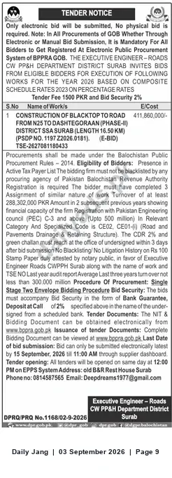 Newspaper clipping: Tender: Blacktop Road Construction (Phase-II) — Surab District (15.60 km) — Electronic Bids, Jang, 03 Sep 2026
