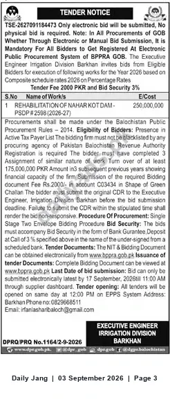 Newspaper clipping: Tender: Rehabilitation of Nahar Kot Dam — Executive Engineer Irrigation Division Barkhan, Jang, 03 Sep 2026