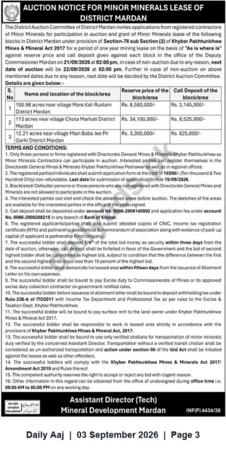 Newspaper clipping: Auction Notice — Minor Minerals Lease, District Mardan, Daily Aaj, 03 Sep 2026