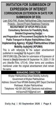 Newspaper clipping: Corrigendum — EOI Deadline Extended for Feasibility & Detailed Design Consultancy for Green Public Transport in Khyber Pakhtunkhwa Cities, Daily Aaj, 03 Sep 2026