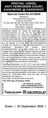 Newspaper clipping: Anti-Terrorism Court Proclamation — Special Case No. 81/2026 (Kashmore at Kandhkot), Dawn, 03 Sep 2026