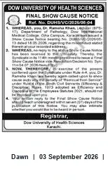 Newspaper clipping: Final Show Cause Notice — Dr. Ranthe Khan, Lecturer, Department of Pathology, Dow University of Health Sciences, Dawn, 03 Sep 2026