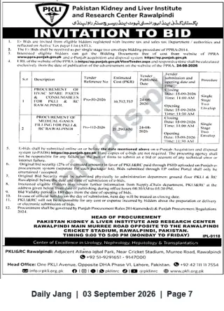 Newspaper clipping: PKLI&RC Rawalpindi — Invitation to Bid for HVAC Spares & Medical Gas Filling (Sep 2026), Jang, 03 Sep 2026