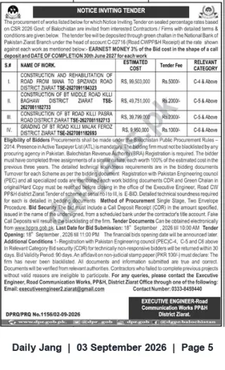 Newspaper clipping: Notice Inviting Tenders — Road Construction & Rehabilitation Works, Ziarat District (Balochistan), Jang, 03 Sep 2026