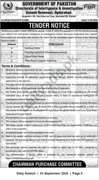 Newspaper clipping: Tender Notice — Stationery, Janitorial & Miscellaneous Services for Directorate Intelligence & Investigation (Inland Revenue), Hyderabad (FY 2026-27), Daily Kawish, 03 Sep 2026