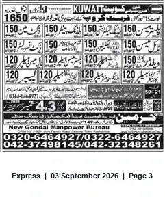Newspaper clipping: New Gondal Manpower Bureau – Recruitment for Kuwait, Express, 03 Sep 2026