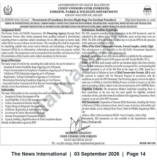 Newspaper clipping: EOI / Consultancy Tender: Carbon Market Consultant for ARR Project in Gilgit-Baltistan, The News International, 03 Sep 2026