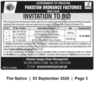 Newspaper clipping: POF Wah Cantt Invitation to Bid — Industrial Chemicals/Gases (Ready-to-Press Powders), The Nation, 03 Sep 2026