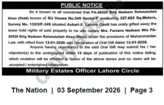 Newspaper clipping: Public Notice: Oral Gift and Mutation of SU House No.349, Askari‑X, Lahore Cantt, The Nation, 03 Sep 2026