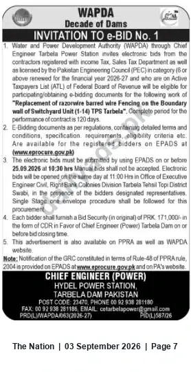 Newspaper clipping: WAPDA Tarbela e-Bid for Replacement of Razorwire Fencing (TPS Units 1–14), The Nation, 03 Sep 2026