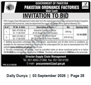Newspaper clipping: POF Wah Cantt Invitation to Bid for Industrial Chemicals/Gases — Closing 2026-10-13, Dunya, 03 Sep 2026