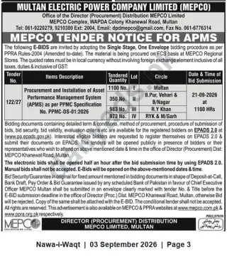 Newspaper clipping: MEPCO Tender 122/27 — Procurement & Installation of Asset Performance Management System (APMS) | Bids Due 2026-09-21, Nawa-i-Waqt, 03 Sep 2026