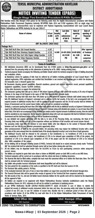 Newspaper clipping: TMA Havelian (Abbottabad) Invites Tenders for Four Tube-Well Schemes (ADP No.240245, 2025-26), Nawa-i-Waqt, 03 Sep 2026