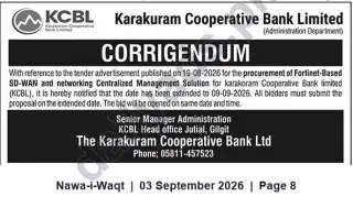 Newspaper clipping: Karakoram Cooperative Bank Corrigendum – Fortinet SD‑WAN Tender Deadline Extended to 2026-09-09, Nawa-i-Waqt, 03 Sep 2026