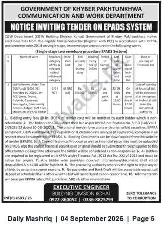 Newspaper clipping: Tender: CSR Sub-Schemes (PCC streets, drains, culverts, community facilities) — C&W Building Division Kohat (EPADS), Daily Mashriq, 04 Sep 2026