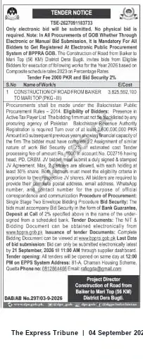 Newspaper clipping: Tender: Construction of Road from Baiker to Mari Top (PKG-II) — District Dera Bugti, The Express Tribune, 04 Sep 2026