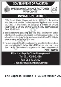 Newspaper clipping: POF Wah Cantt Tender for Safety Equipment & Safety Wears (T.E. No. 0027/LP/CLO/56), The Express Tribune, 04 Sep 2026