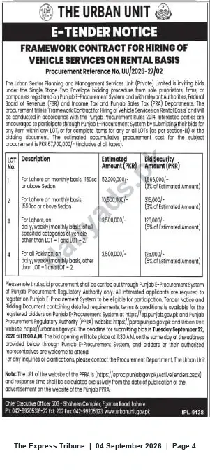 Newspaper clipping: E-Tender: Framework Contract for Hiring Vehicle Services on Rental Basis (Proc. Ref. UU/2026-27/02), The Express Tribune, 04 Sep 2026