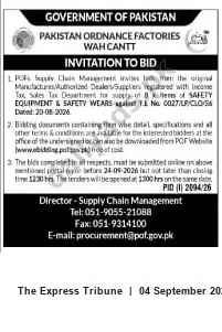Newspaper clipping: POF Wah Cantt Tender: Supply of 8 Safety Equipment & Safety Wears (T.E. No. 0027/LP/CLO(56)), The Express Tribune, 04 Sep 2026