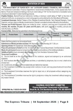 Newspaper clipping: Finance Department, Government of Balochistan — Invitation of Bids for Investment of Endowment Funds (AA-rated Banks/Financial Institutions), The Express Tribune, 04 Sep 2026