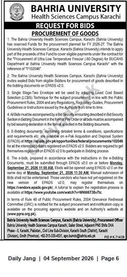 Newspaper clipping: Bahria University Health Sciences Campus Karachi — Tender for Ultra Low Temperature Freezer (−80°C) (P102046), Jang, 04 Sep 2026