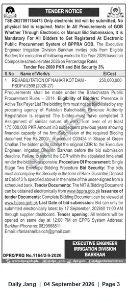 Newspaper clipping: Tender: Rehabilitation of Nahar Kot Dam – Irrigation Division Barkhan (Electronic Bids), Jang, 04 Sep 2026