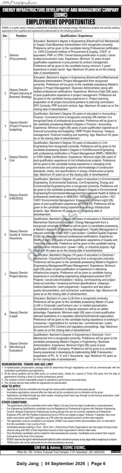 Newspaper clipping: EIDMC Careers — Senior Director & Deputy Director Positions (Islamabad), Jang, 04 Sep 2026