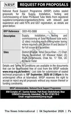Newspaper clipping: NRSP RFP 0001-RQ-2688 — Supply, Installation & Commissioning of Solar PV-Based Tube Wells (Bhakkar), The News International, 04 Sep 2026