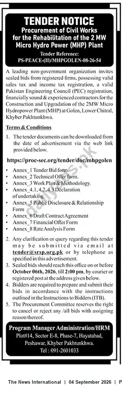 Newspaper clipping: Tender: Rehabilitation of 2 MW Micro Hydro Power Plant, Golen (Lower Chitral) - PS-PEACE, The News International, 04 Sep 2026