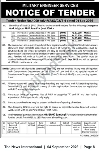 Newspaper clipping: M.E.S. Tender Notice: Emergency Works at PAF Base Samungli – Sep 2026, The News International, 04 Sep 2026