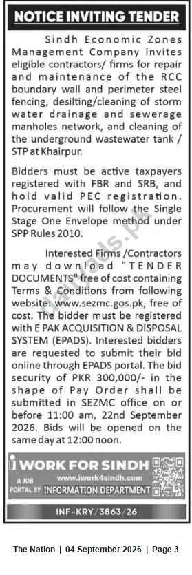 Newspaper clipping: Tender: Repair & Maintenance of RCC Boundary Wall, Perimeter Fencing, Drainage and STP Cleaning at Khairpur – SEZMC, The Nation, 04 Sep 2026