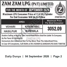 Newspaper clipping: Zam Zam LPG Maximum Consumer Price for 11.8 KG Cylinder — September 2026, Dunya, 04 Sep 2026