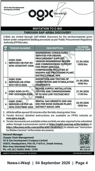 Newspaper clipping: OGDCL Invitation to E‑Bid via SAP Ariba — Multiple Tenders (Sep 2026), Nawa-i-Waqt, 04 Sep 2026
