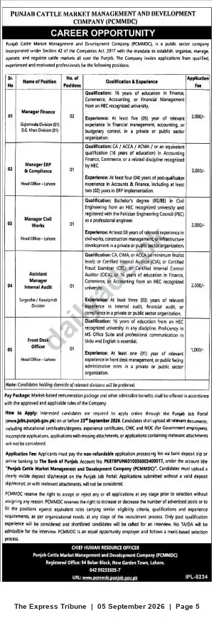 Newspaper clipping: Punjab Cattle Market Management & Development Company (PCMMDC) – Multiple Job Vacancies (Finance, ERP, Civil, Audit, Front Desk), The Express Tribune, 05 Sep 2026