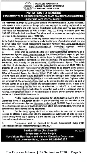 Newspaper clipping: Punjab SHC&MED Tender: Supply of 2 MRI Machines (Bid Ref SO (Pis) 1-24/2025), The Express Tribune, 05 Sep 2026